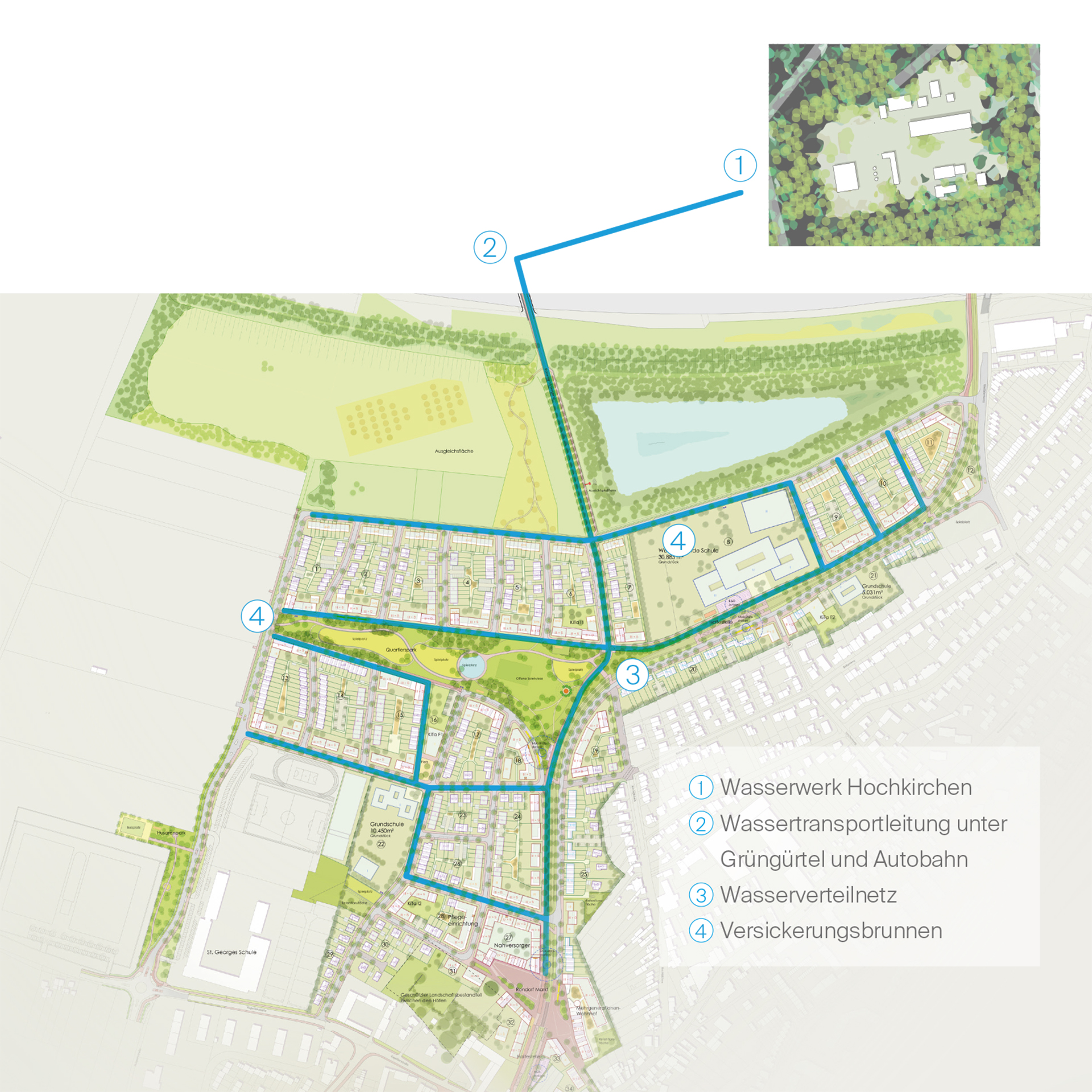 Landkarte mit dem eingezeichneten Verlauf des neuen kalten Nahwärmenetzes in Rondorf Nord-West