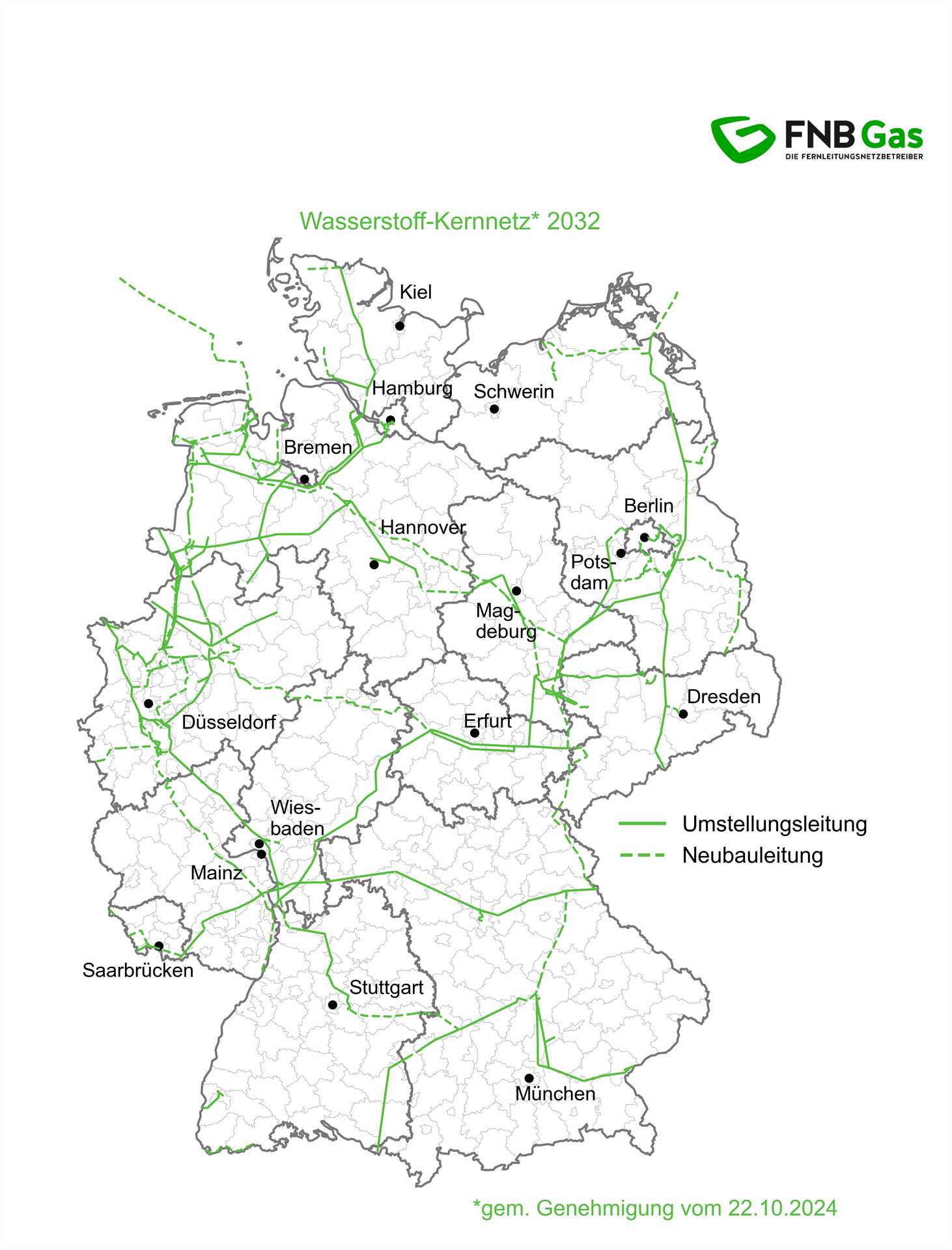 Deutschlandkarte mit Linien für das genehmigte Wasserstoffkernnetz