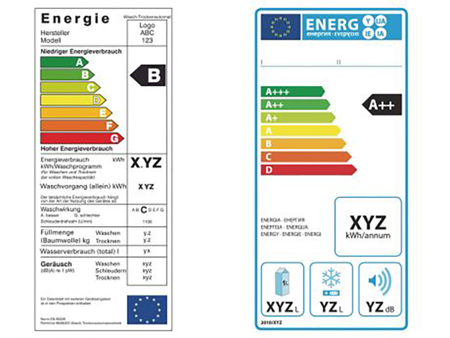 Aus alt mach neu: Ab 2019 soll das reformierte Energieeffizienz-Label (links) das aktuelle (rechts) ersetzen (Bild: Hausgeräte+).